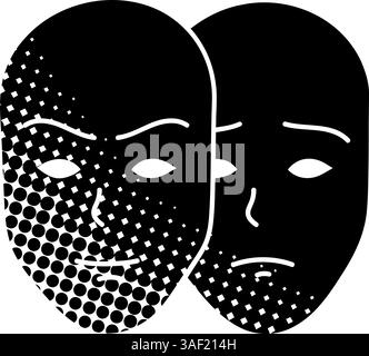 Deep fake icon two face masks with different moods black hand drawn icon in halftone texture style Stock Vector