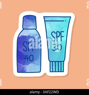 Sun protection cream products color sticker Stock Vector