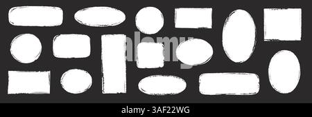 Brush frame rough rectangle box shape set. Text box frame rough grunge square, oval paint shape element. Hand drawn texture grunge brush rectangle, circle round text border. Vector illustration Stock Vector