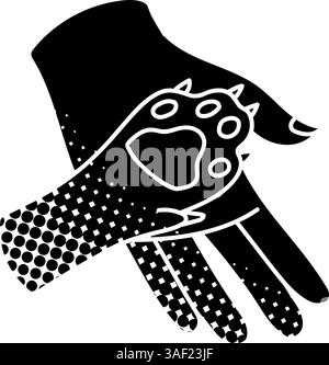 Animal care icon Dog paw and human palm black hand drawn icon in halftone texture style Stock Vector