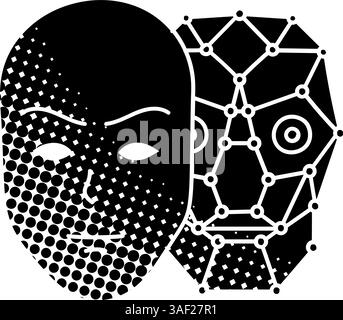 Deep fake icon face swap black hand drawn icon in halftone texture style Stock Vector