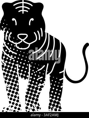 black hand drawn icon in halftone texture style tiger Stock Vector