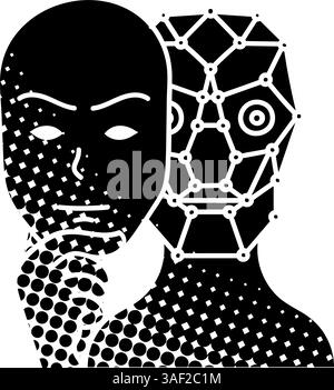 Deep fake concept robot wearing human face mask black hand drawn icon in halftone texture style Stock Vector