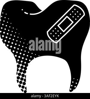 Tooth with bandage black hand drawn icon in halftone texture style Stock Vector