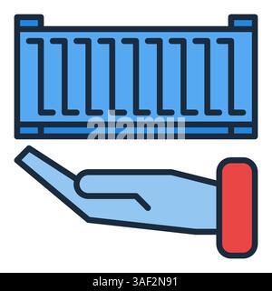 Hand with Blue Shipping Container icon vector concept sign Stock Vector