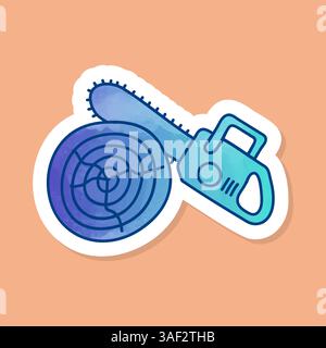 Chain saw cutting wood log color sticker Stock Vector