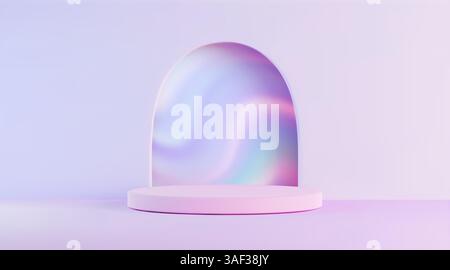 Hologram 3D stage - pink circular platform with arched holographic backdrop displaying pastel rainbow colors. Minimalist product display podium on studio room background. Futuristic exhibition stand. Stock Vector