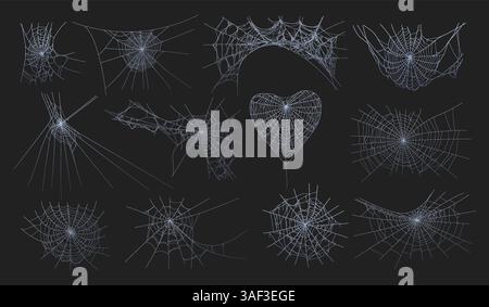 Spooky halloween old cobweb with various sizes and shapes. Old spider web set flat vector illustration. Stock Vector