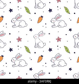 Happy Easter doodle seamless pattern. Vector cute characters and design elements - eggs, bunny, rabbits, spring flowers, carrot, stars. Hand drawn doodle illustration Stock Vector