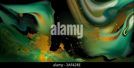Green liquid marble texture with gold splatters, abstract fluid art background. Vibrant emerald colors, rich metallic golden stains, swirling ink pattern. Modern wallpaper or luxury packaging design. Stock Vector