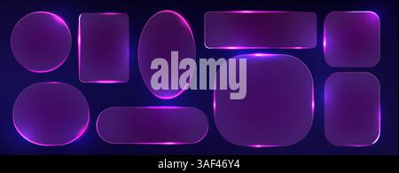Glass frames with purple neon light set - rectangle and round, square and oval shapes with glowing effect. Futuristic glossy banner border design elements. Night club or game hud ui geometric signs. Stock Vector