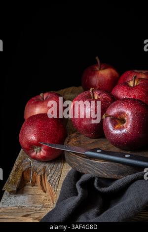 Top view of red apples on wood Stock Photo