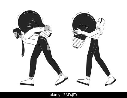 Creative team carrying giant light bulbs of big ideas doodle line illustration concept Stock Vector