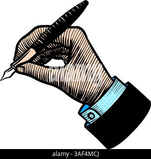 Hand holding pen hand drawn halftone color vector illustration Stock Vector