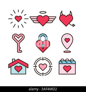 Colorful cute love related icon set Stock Vector
