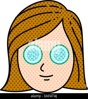 woman face with cucumber eye mask halftone hand drawn color vector illustration Stock Vector