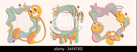 Psychedelic 70s groovy retro frames - colorful wavy shapes decorated with stars, characters with smiling faces, pastel colors. Hippie trippy style decorative elements for graphic design projects. Stock Vector