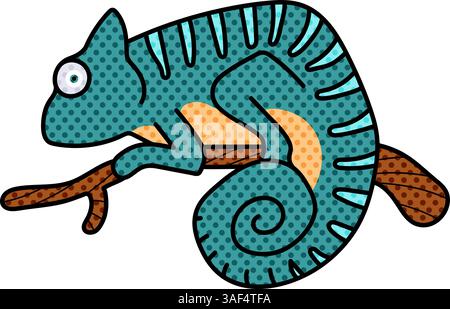chameleon on tree branch halftone hand drawn color vector illustration Stock Vector