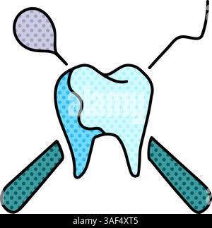 dentist tooth and tools halftone hand drawn color vector illustration Stock Vector