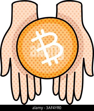 hand holding bitcoin cryptocurerency halftone hand drawn color vector illustration Stock Vector