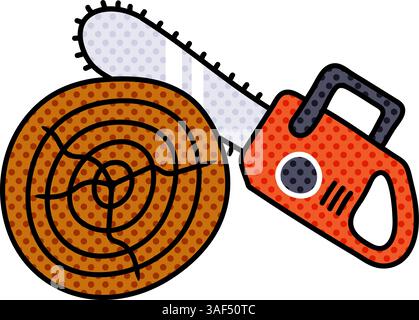chain saw cutting wood log halftone hand drawn color vector illustration Stock Vector