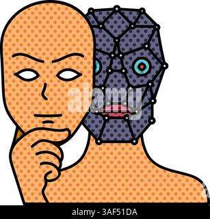 deep fake concept robot wearing human face mask halftone hand drawn color vector illustration Stock Vector