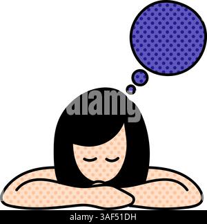 woman thinking halftone hand drawn color vector illustration Stock Vector