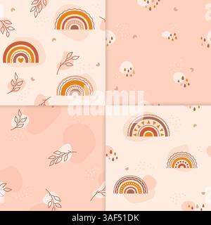 A set of four minimalistic children's patterns.. The repeated images contains colored spots, rainbows, twigs, cute clouds with colored raindrops. Also stars, dots and lines of different shapes. Stock Vector