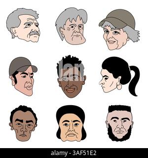 Hand drawn illustration of diverse group of individuals. People various ages, ethnicities and genders. Stock Vector