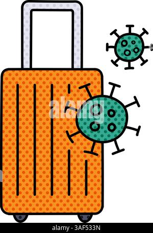 travel luggage with viruses halftone hand drawn color vector illustration Stock Vector