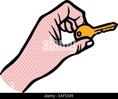 Hand holding key hand drawn halftone color vector illustration Stock Vector