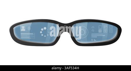 Smart glasses are displaying a futuristic augmented reality interface with user data, loading icons, and various application icons, offering a glimpse Stock Vector