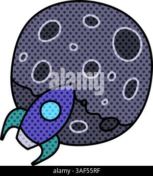 rocket anad planet to the moon concept crypto currency halftone hand drawn color vector illustration Stock Vector