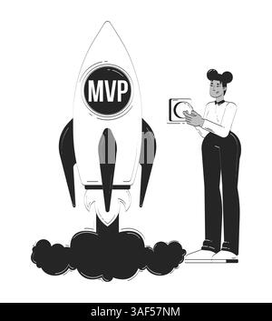 Female entrepreneur launching MVP startup rocket doodle line illustration concept Stock Vector