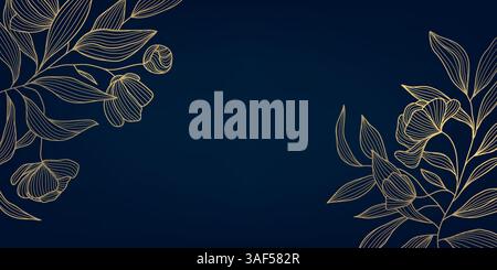 Vector art deco line golden floral border, plant spring dark background, elegant blossom ornament, flowers and leaves corners template. Stock Vector