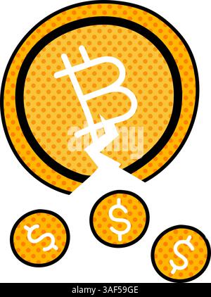 bitcoin cryptocurerency coin and dollar halftone hand drawn color vector illustration Stock Vector