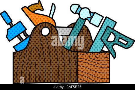 tools in wooden toolbox halftone hand drawn color vector illustration Stock Vector