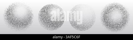 Dotted sphere shapes set - various circle silhouettes formed by dense black dot texture. Round grainy stamps, stencil elements with stipple effect. Halftone gradient splatter blobs for grunge design. Stock Vector