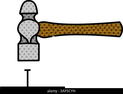 hammer knocking nail halftone hand drawn color vector illustration Stock Vector