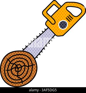 chain saw cutting wood log halftone hand drawn color vector illustration Stock Vector
