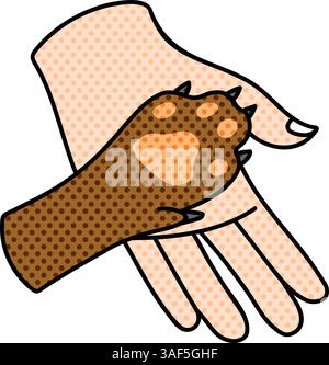 animal care dog paw and human palm halftone hand drawn color vector illustration Stock Vector