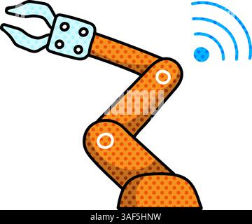 wireless connected robotic arm halftone hand drawn color vector illustration Stock Vector