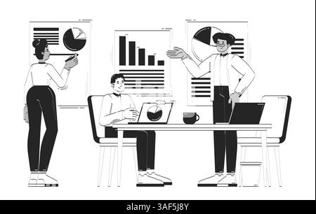Diverse team analyzing business charts in office doodle lineart illustration Stock Vector