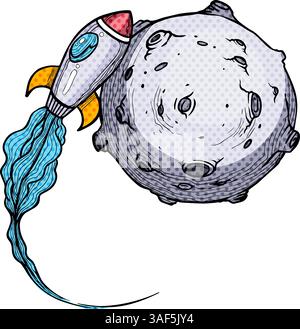 bitcoin space rocket approaching a planet hand drawn halftone color vector illustration Stock Vector