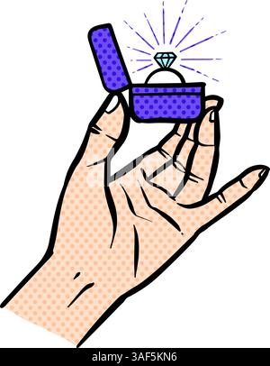 Hand holding diamond ring box halftone color vector illustration Stock Vector