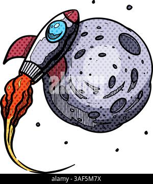 bitcoin space rocket approaching a planet hand drawn halftone color vector illustration Stock Vector