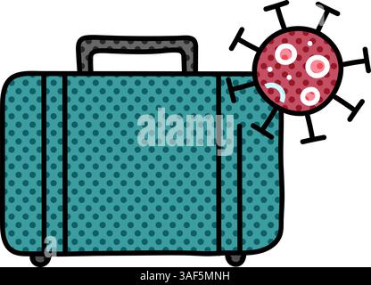 travel luggage with viruses halftone hand drawn color vector illustration Stock Vector