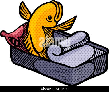 fish wake up from sleep in canned packaging hand drawn halftone color vector illustration Stock Vector