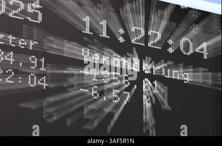 07 April 2025, Hesse, Frankfurt/Main: The display board with the Dax curve in the trading hall of the Frankfurt Stock Exchange shows a current change of - 1,356 points (- 6.57%) (image with zoom effect). At the start of the new trading week, the German share index (Dax) fell by around ten percent. Photo: Arne Dedert/dpa Stock Photo