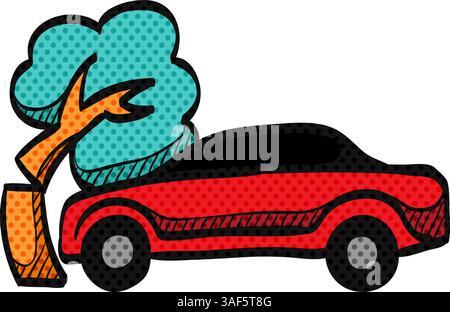 Car crash halftone icon hand drawn color vector illustration Stock Vector